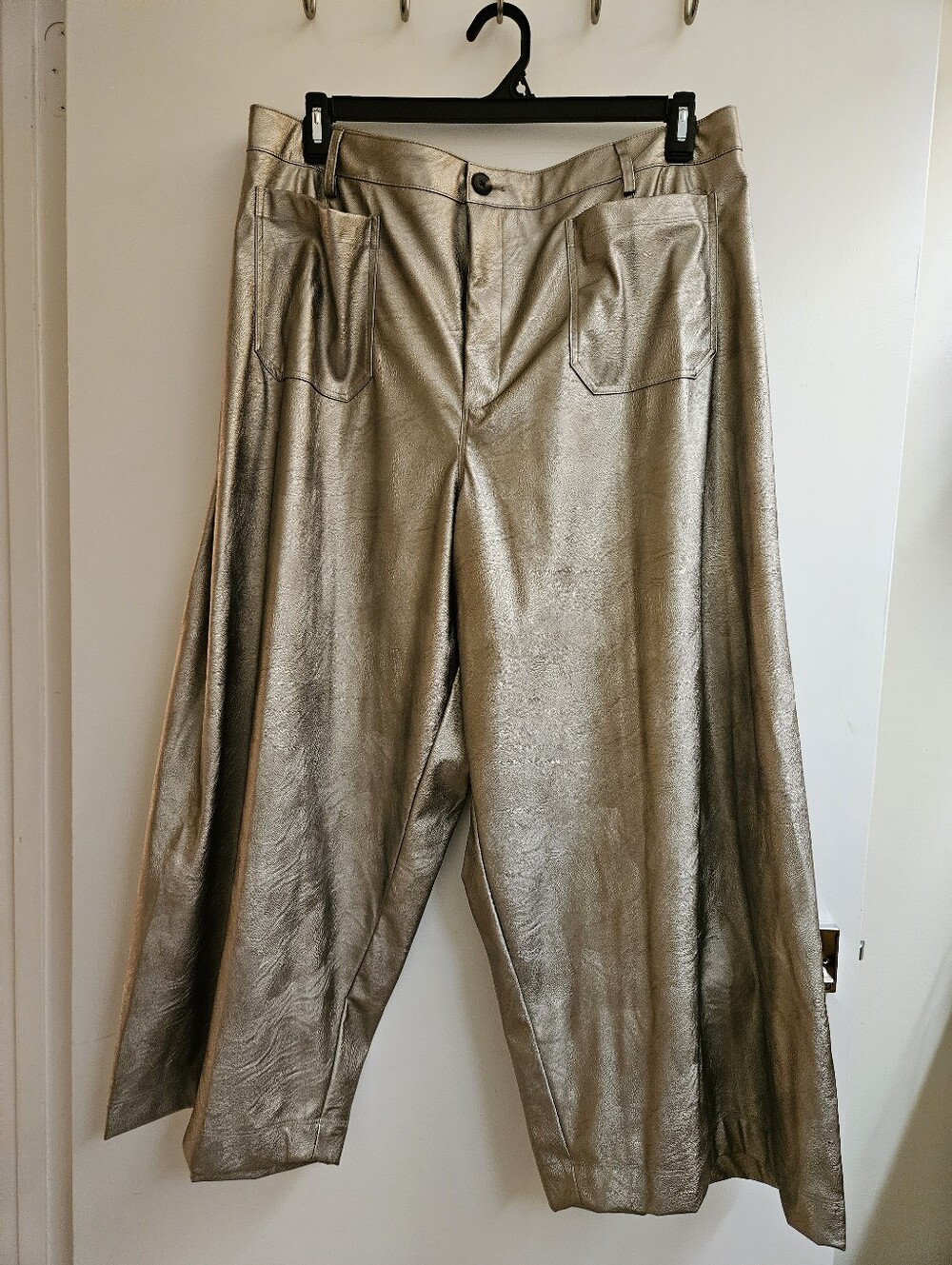 Vince Camuto Womens Metallic Gold Faux Leather Wide Leg Cropped Pants Size 24W